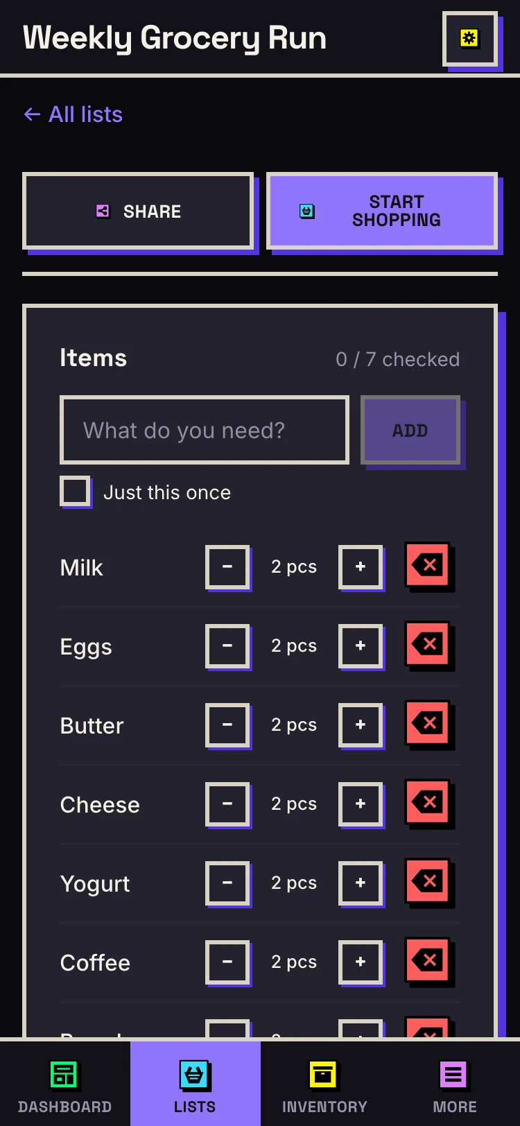 Shopping list - dark mode